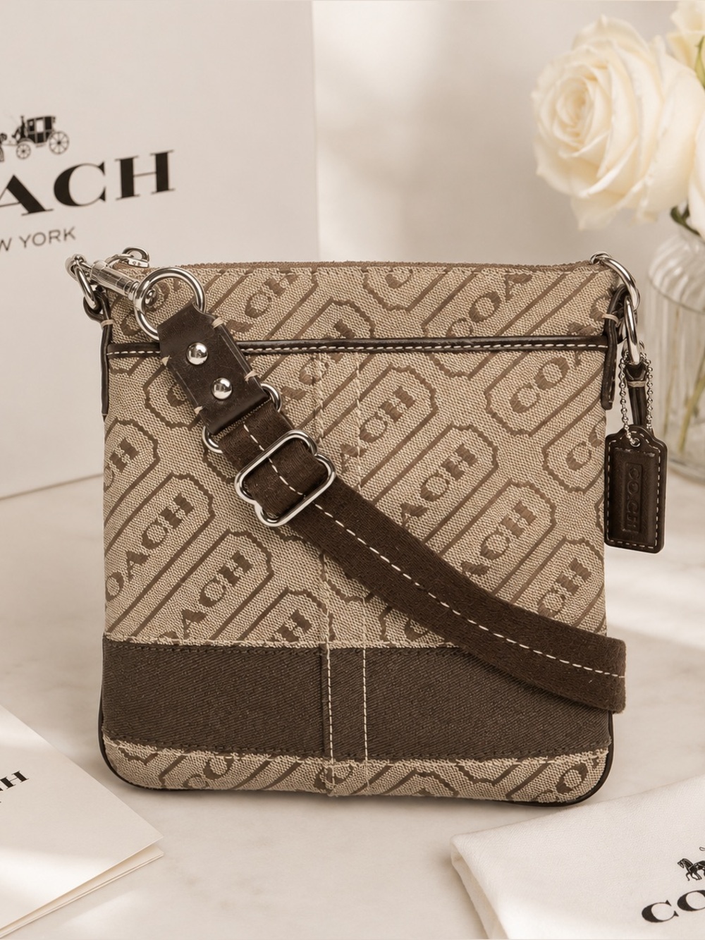 Coach Signature Jacquard North South Swingpack Crossbody Bag Brown Tan